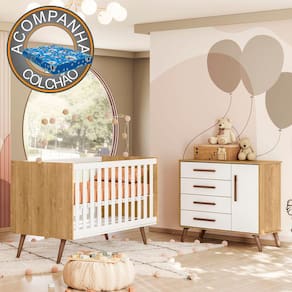 Quarto de Bebê com Berço Americano 3820 e Cômoda Infantil 3825 Qencanto Retrô Qmovi Freijó Branco Acetinado + Colchão Ortobom