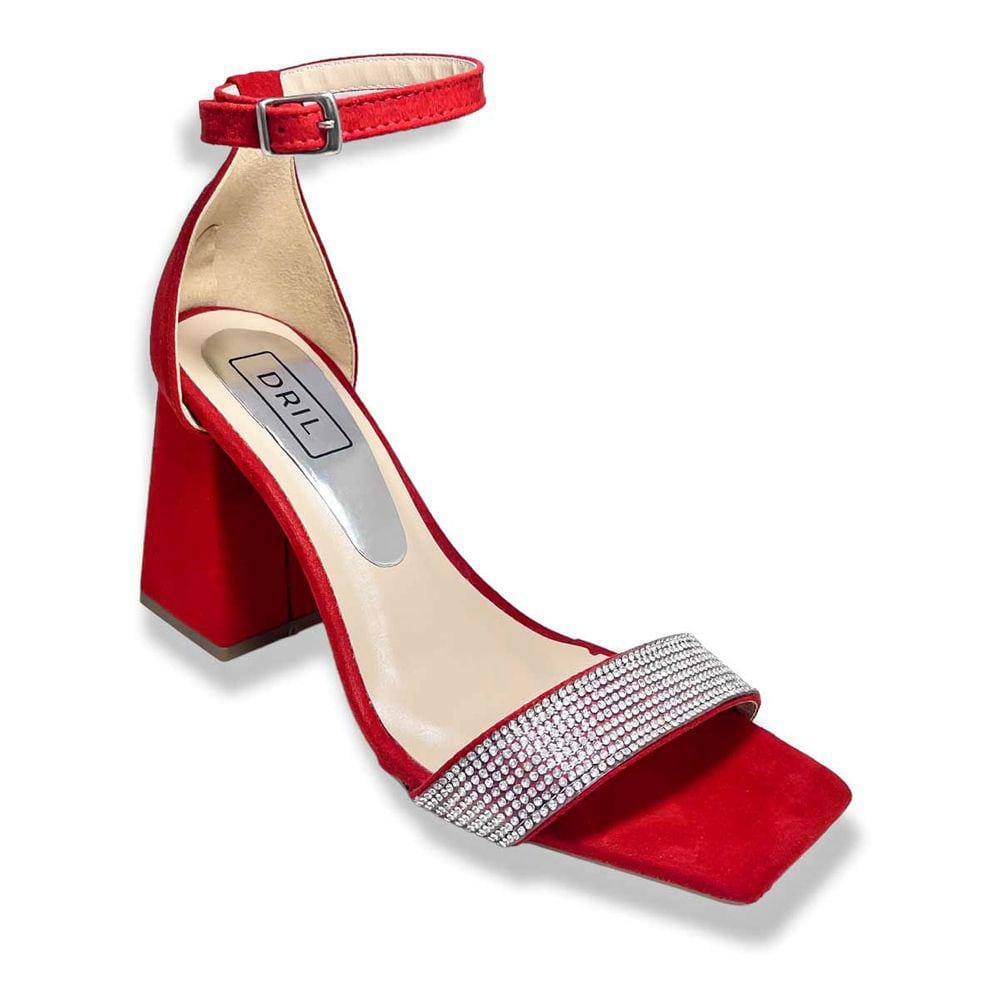 Sandália Feminina Salto Bloco Grosso Camurça com Tira de Strass