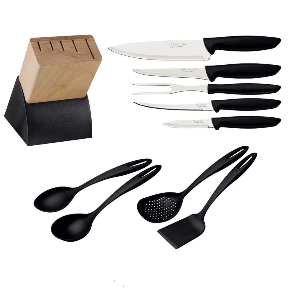 Jogo de Facas com Suporte de Madeira + Kit Utensilios em Nylon 10 peças Tramontina