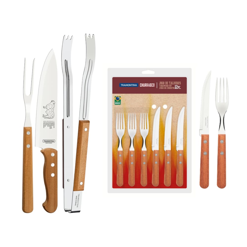 Kit Churrasco com Garfo Trinchante Faca e Pegador + Jogo Talheres c/ Cabo de Madeira 15 peças Tramontina