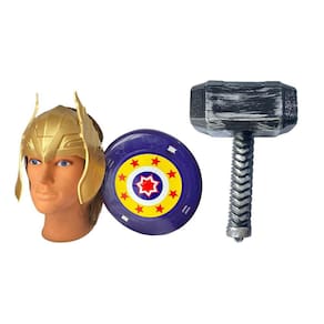 Kit Defensor Medieval Com Escudo, Máscara Dourado E Martelo