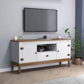Rack para Sala TV até 50`` Pol. 2 Portas Colonial 135 Cm Freijó Branco Móvel Bento