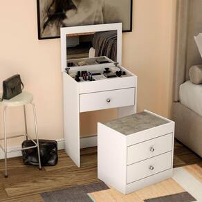 Penteadeira Cômoda e Banco com Espelho 3 Gavetas 60 Cm Branco Móvel Bento