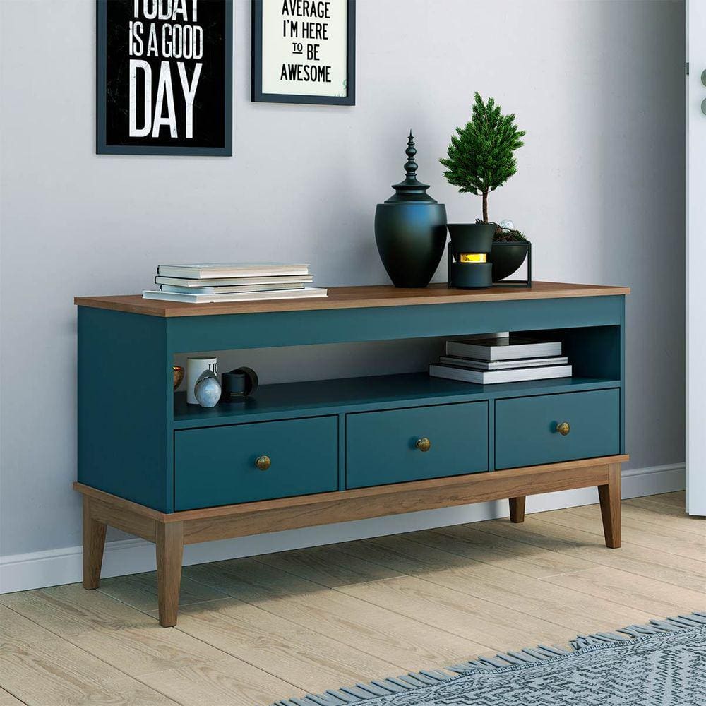 Rack para Sala TV até 43`` Pol. 3 Gavetas Colonial 120 Cm Freijó Petróleo Móvel Bento