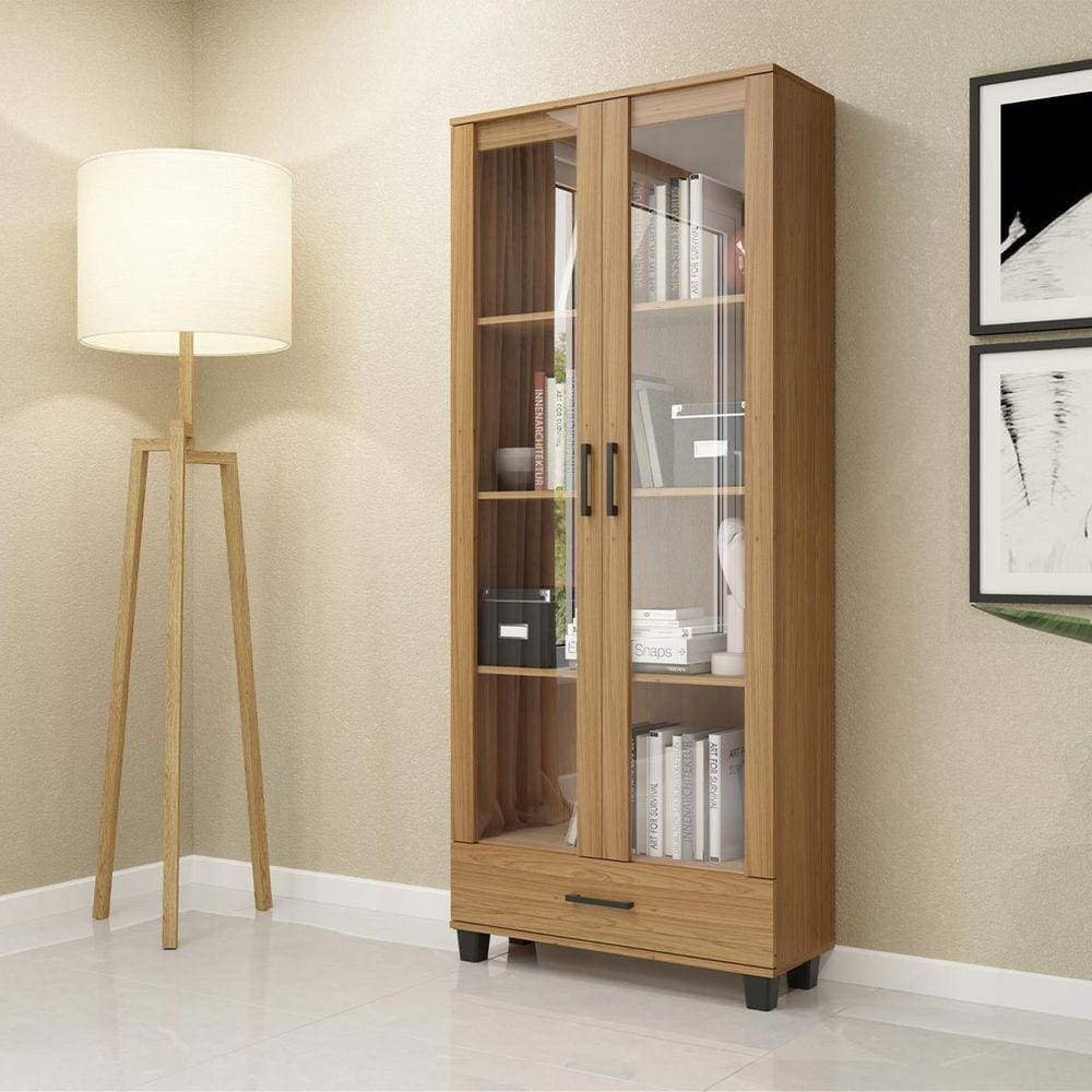 Estante Cristaleira com Portas de Vidro 77x184 Cm 4 Prateleiras 100% MDF Freijó Pradel