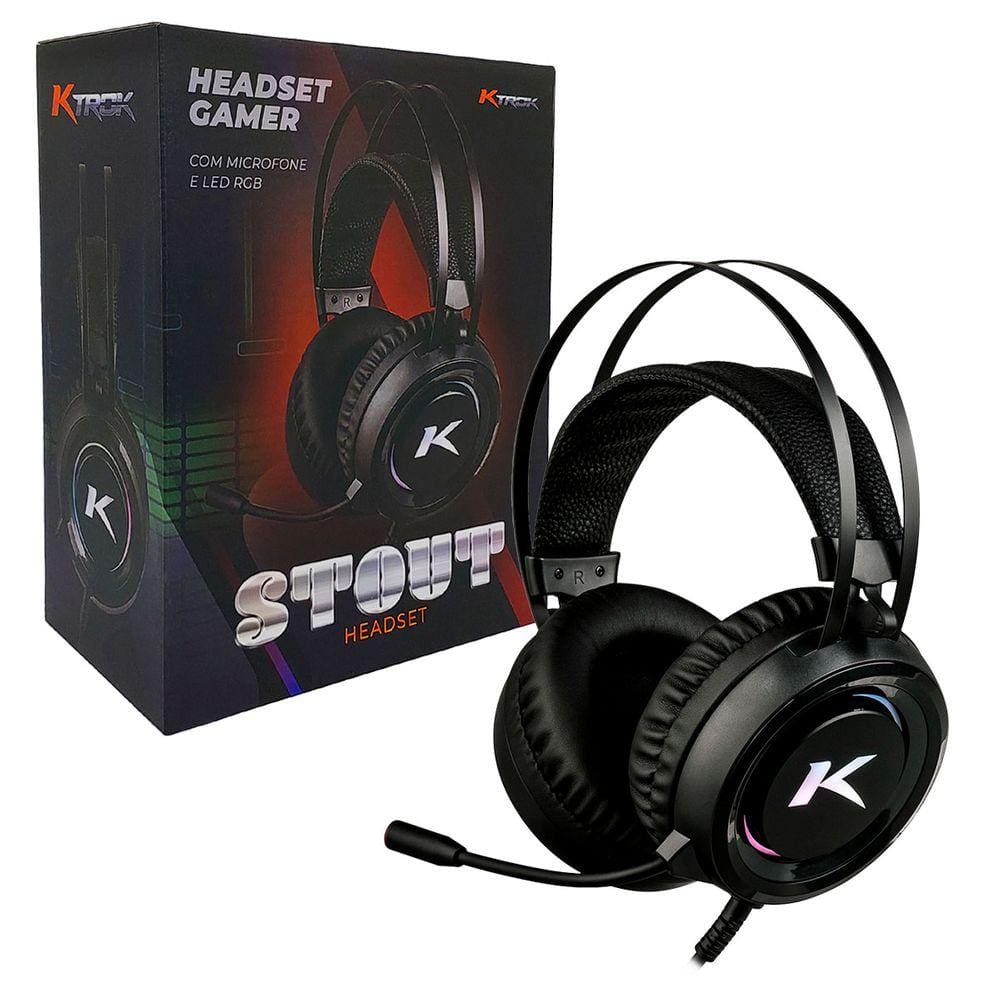 Headset Gamer Ktrok Stout, P2 + USB + Adaptador P3, RGB, Drivers 50mm, Preto