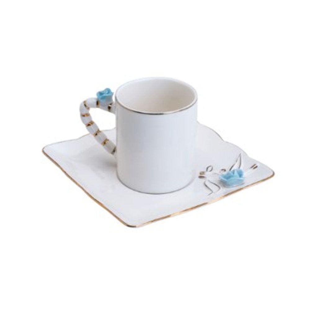 Xícara Café Porcelana com Pires Flower Square Plate Colorido 80 ml Wolff