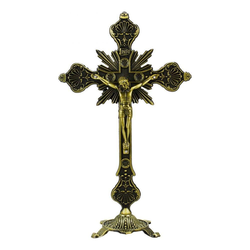 Crucifixo De Mesa Jesus Na Cruz Dourado Imagem Resina 32cm