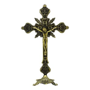 Crucifixo De Mesa Jesus Na Cruz Dourado Imagem Resina 32cm