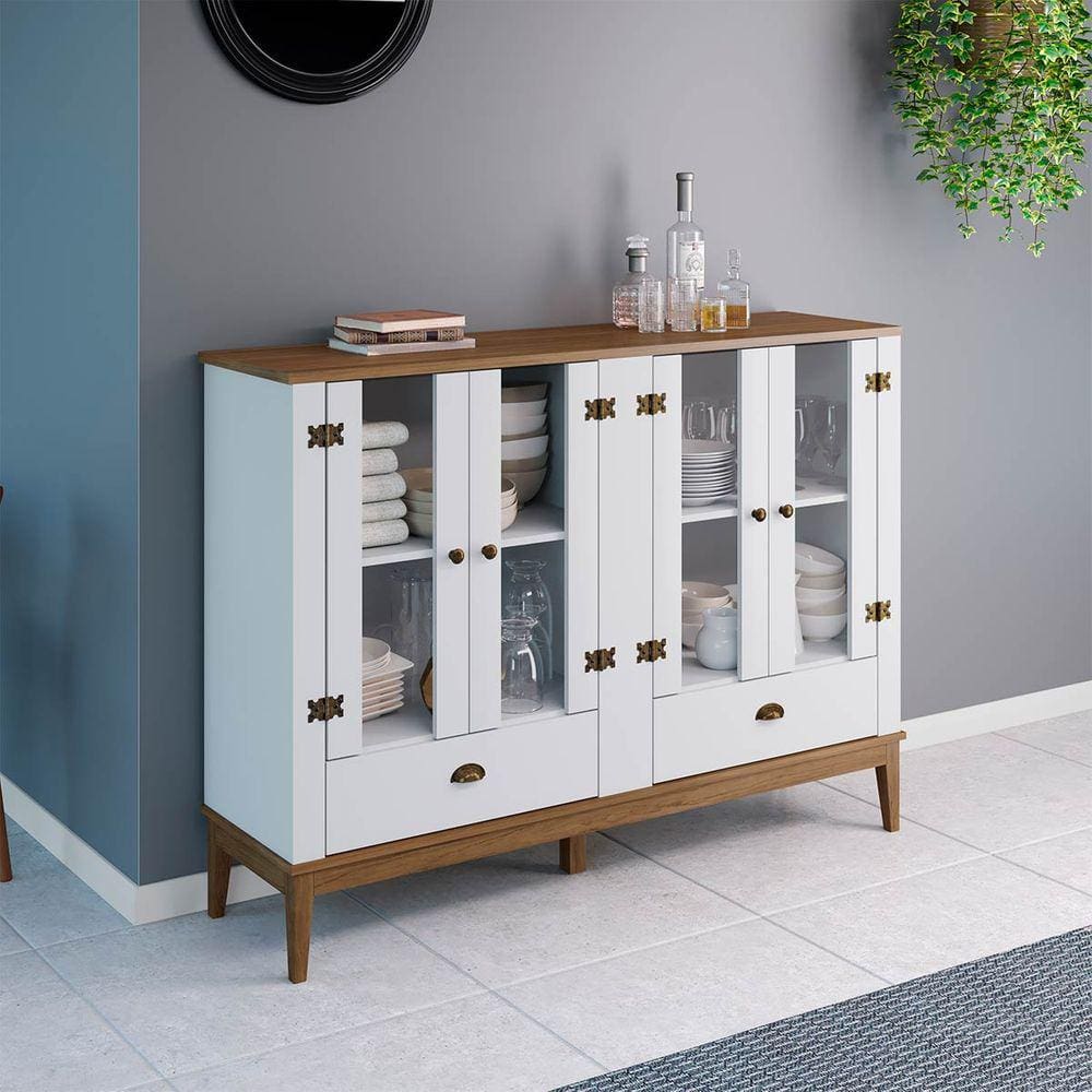Aparador Buffet 4 Portas de Vidro 2 Gavetas 149 Cm Freijó Branco Móvel Bento