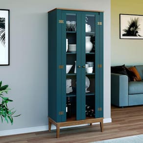 Cristaleira 2 Portas de Vidro Colonial 75 Cm Freijó Petróleo Móvel Bento