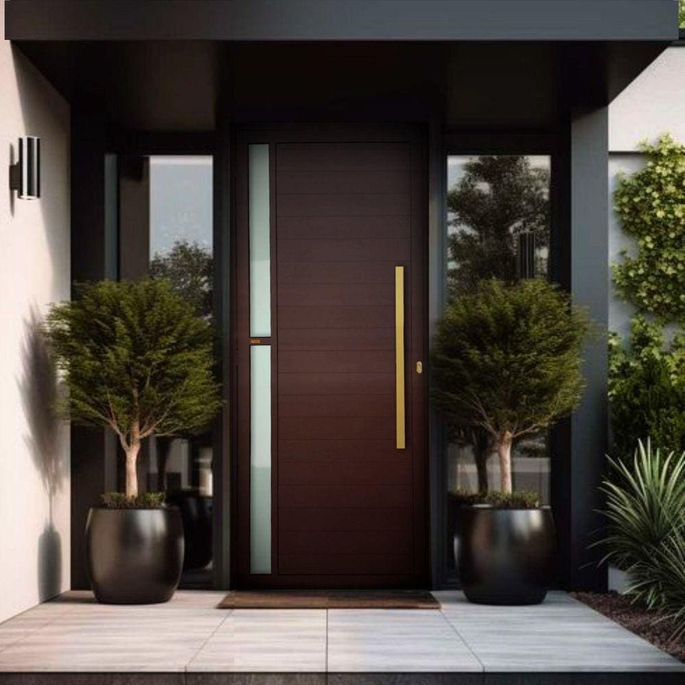 Porta de Aluminio Pivotante Lambril 210x100cm com Puxador Super Visione Brimak Marrom Corten Dourado