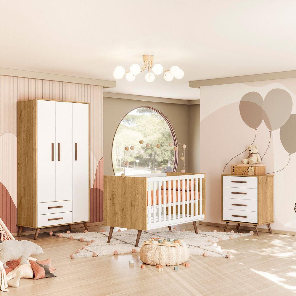 Quarto de Bebê Completo Qencanto Retrô Qmovi Freijó Branco Acetinado