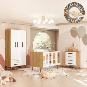 Quarto de Bebê Completo Qencanto Retrô Qmovi Freijó Branco Acetinado + Colchão Gazin