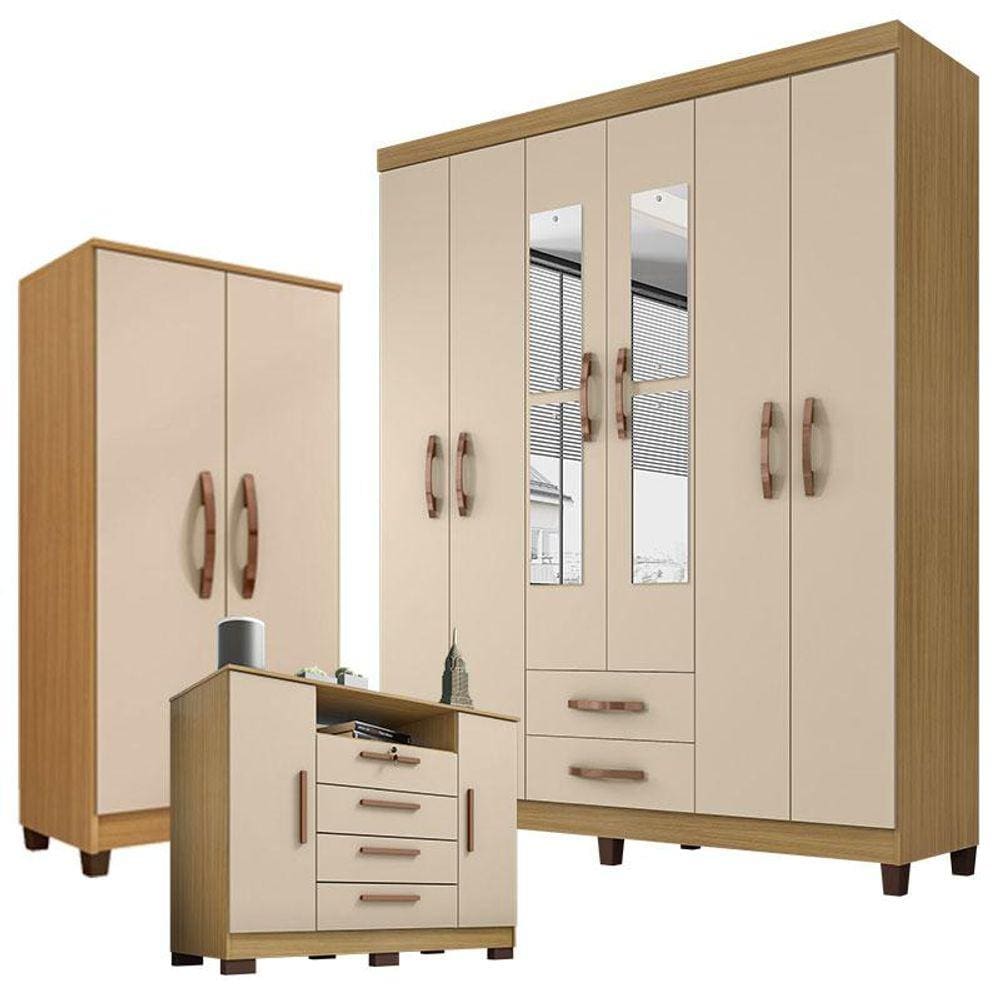 Guarda Roupa Casal Modena com Espelho 6 Portas Cômoda Madri e Armário Multiuso Recife Carvalho Americano Off White - Incorplac