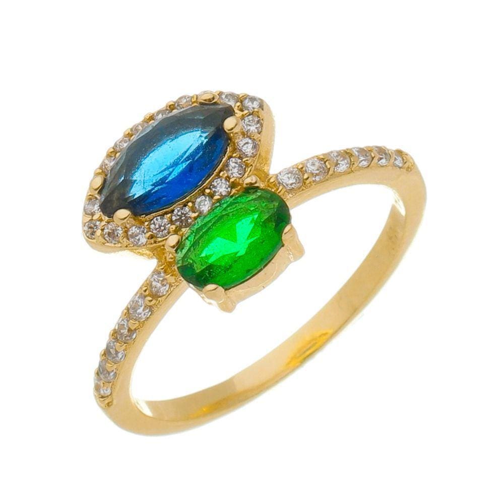 Anel Duas Pedras Coloridas e Micro Zircônias Folheado em Ouro 18k