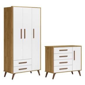 Quarto de Bebê com Roupeiro 3830 e Cômoda Infantil 3825 Qencanto Retrô Qmovi Freijó Branco Acetinado