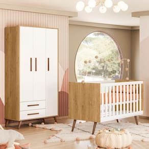 Quarto de Bebê com Berço Americano 3820 e Roupeiro 3830 Qencanto Retrô Qmovi Freijó Branco Acetinado