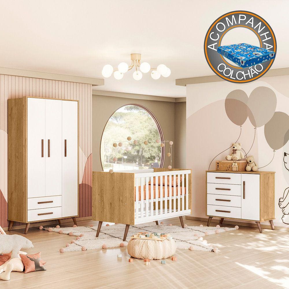 Quarto de Bebê Completo Qencanto Retrô Qmovi Freijó Branco Acetinado + Colchão Ortobom