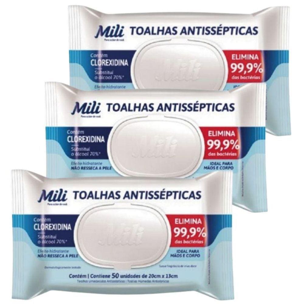 Lenço Umedecido Ou Toalhas Antissépticas Mili 3 Pacotes C- 50 (total: 150 Toalhas)