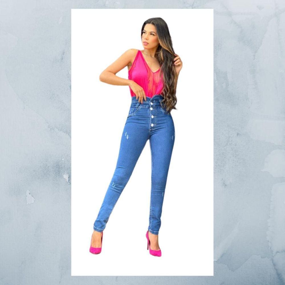 Calça Jeans Cintura Alta e com botões Azul - 6789