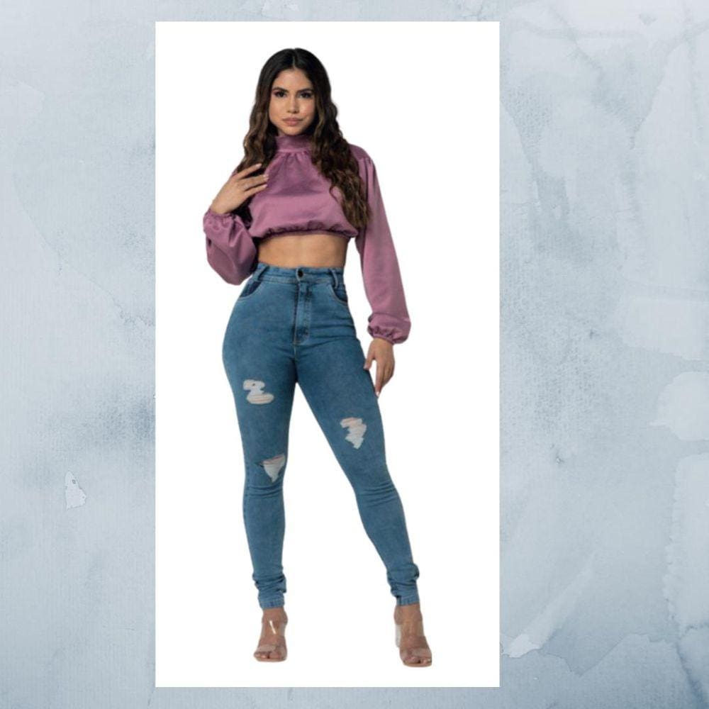 Calça Jeans Skinny detalhes destroyed Azul - 803