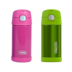 KIT Garrafa Térmica Thermos Infantil Inox 355ml Canudo Com Alça Rosa e Verde