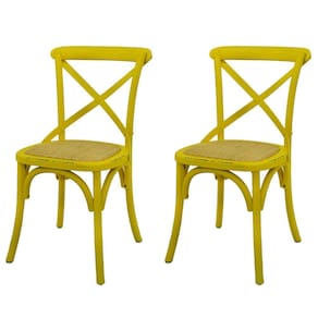 Kit 2 Cadeiras Katrina Cross Rivattis Madeira Amarela Assento Rattan Natural