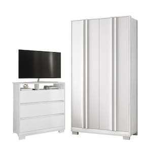 Kit Guarda Roupa Ayla 4 Portas 2 Gavetas com Cômoda Stella 3 Gavetas I01 Branco Clique Chique