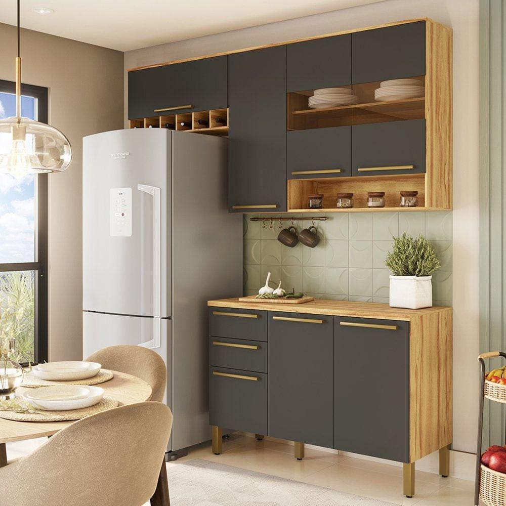Cozinha Modulada Compacta 3 Peças 7 Portas 2 Gavetas com Tampo e Vidro Reflecta 100% Mdf Itália Espr Amêndoa/Cinza