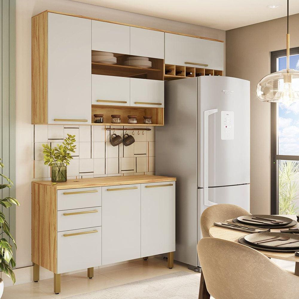 Cozinha Modulada Compacta 3 Peças 7 Portas 2 Gavetas com Tampo e Vidro Reflecta 100% Mdf Itália Espr Amêndoa/Off White