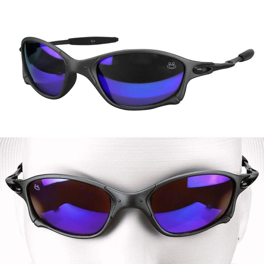 oculos sol preto lupa azul metal proteção uv + case esportivo personalizavel estiloso