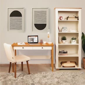 Conjunto Home Office 1 Mesa 120cm 2 Gavetas 1 Estante para Livros Ananda Cabecasa Madeiramadeira Off White/Mel