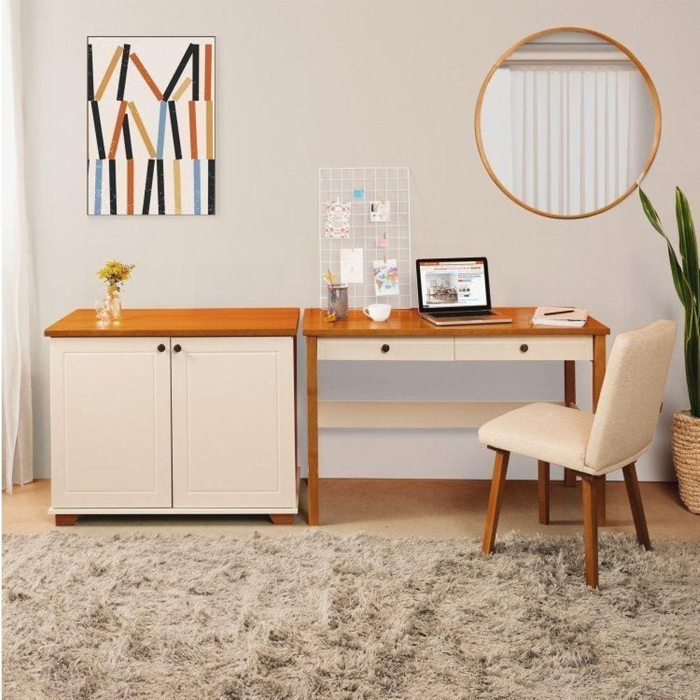 Conjunto Home Office 1 Mesa 120cm 2 Gavetas 1 Armário 2 Portas Ananda Cabecasa Madeiramadeira Off White/Mel