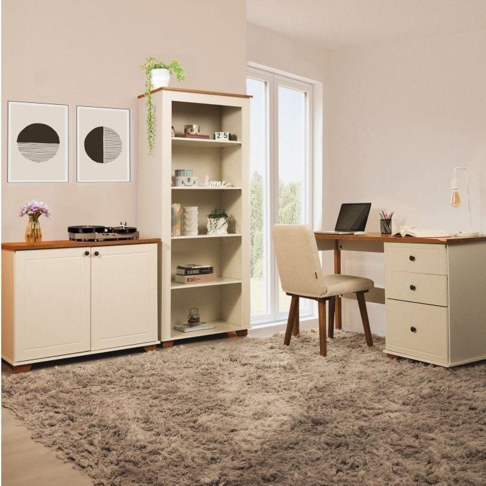 Kit Home Office 1 Mesa 150cm 3 Gavetas 1 Estante 1 Armário 2 Portas Ananda Cabecasa Madeiramadeira Off White/Mel