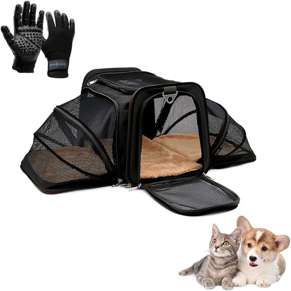 Kit Bolsa Pet Expansivel Transporte Viagem Cachorros e Gatos Preto + Par de Luvas Magnética - Duke & Dixie