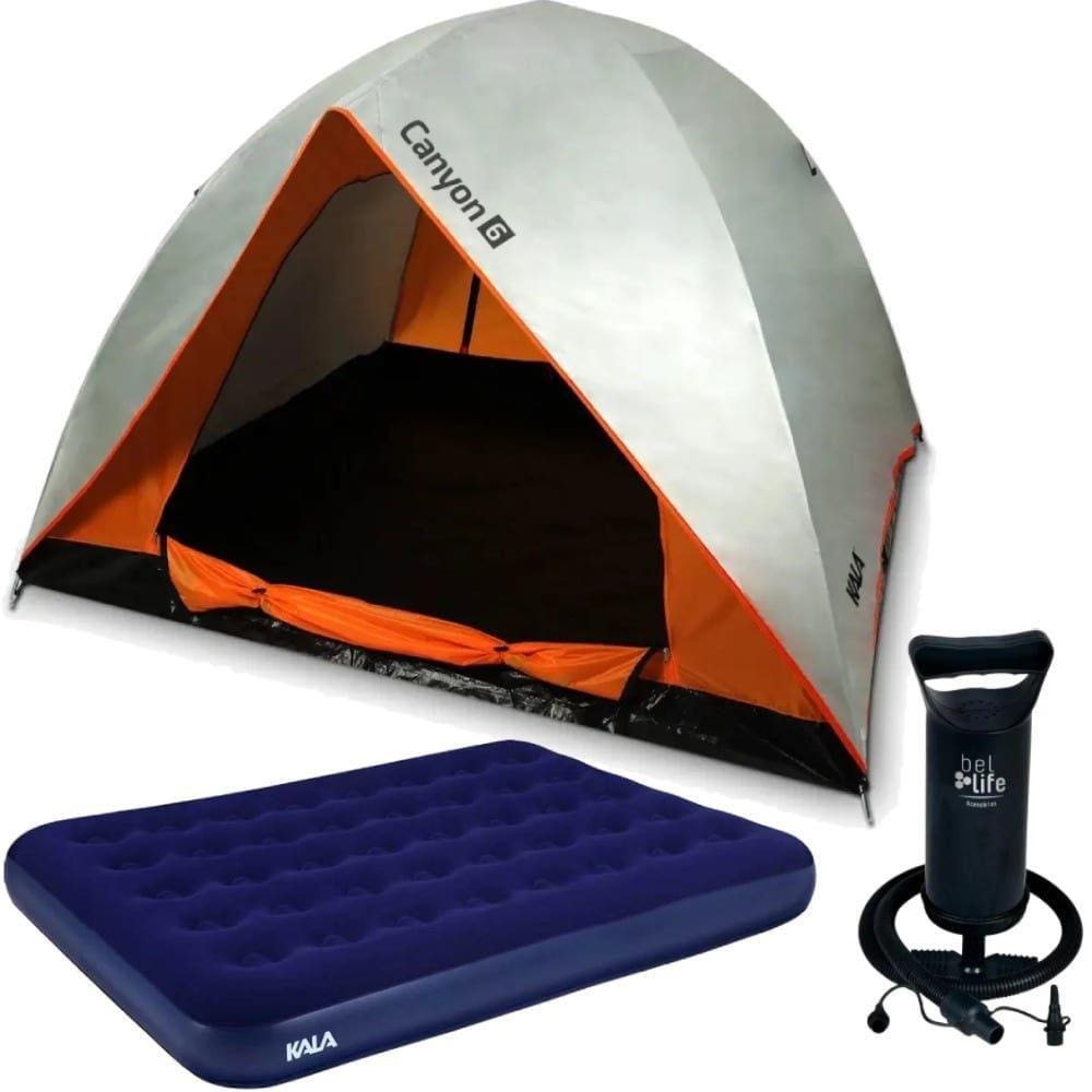 Barraca Camping até 6 Pessoas + Colchão Casal Inflável KALA + Bomba P/ Encher Colchão BEL