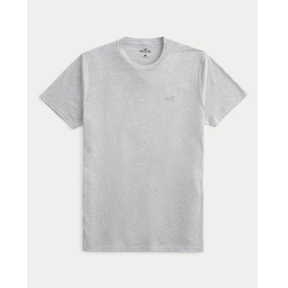 Camiseta Cinza Claro Mesclado Hollister Masculina Ícone Bordado