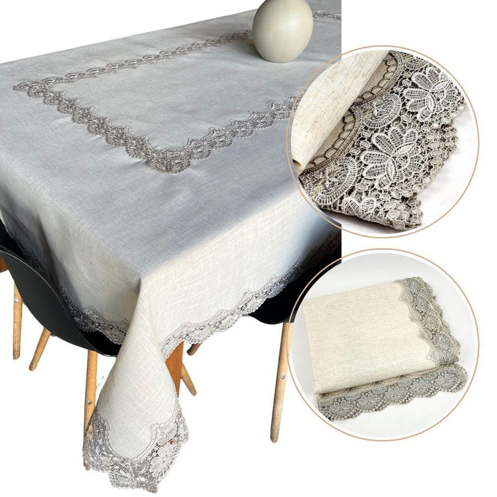 Toalha De Mesa 270X180Cm Cinza Rendada Linho Poliester