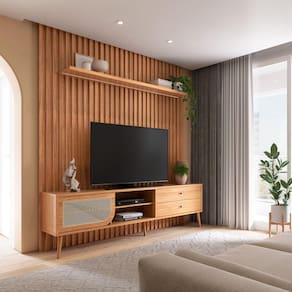 Painel com Rack para Tv até 75 Polegadas 2 Gavetas e Porta de Correr Freijó Madeirado