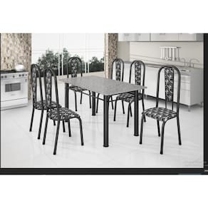 Conjunto Mesa Tubular com 6 Cadeiras Atenas Tubos Prata martelado/Estofados mosaico branco pre