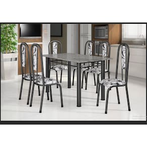 Conjunto Mesa Tubular com 6 Cadeiras Atenas Tubos Prata martelado/Estofados fundo branco e flo