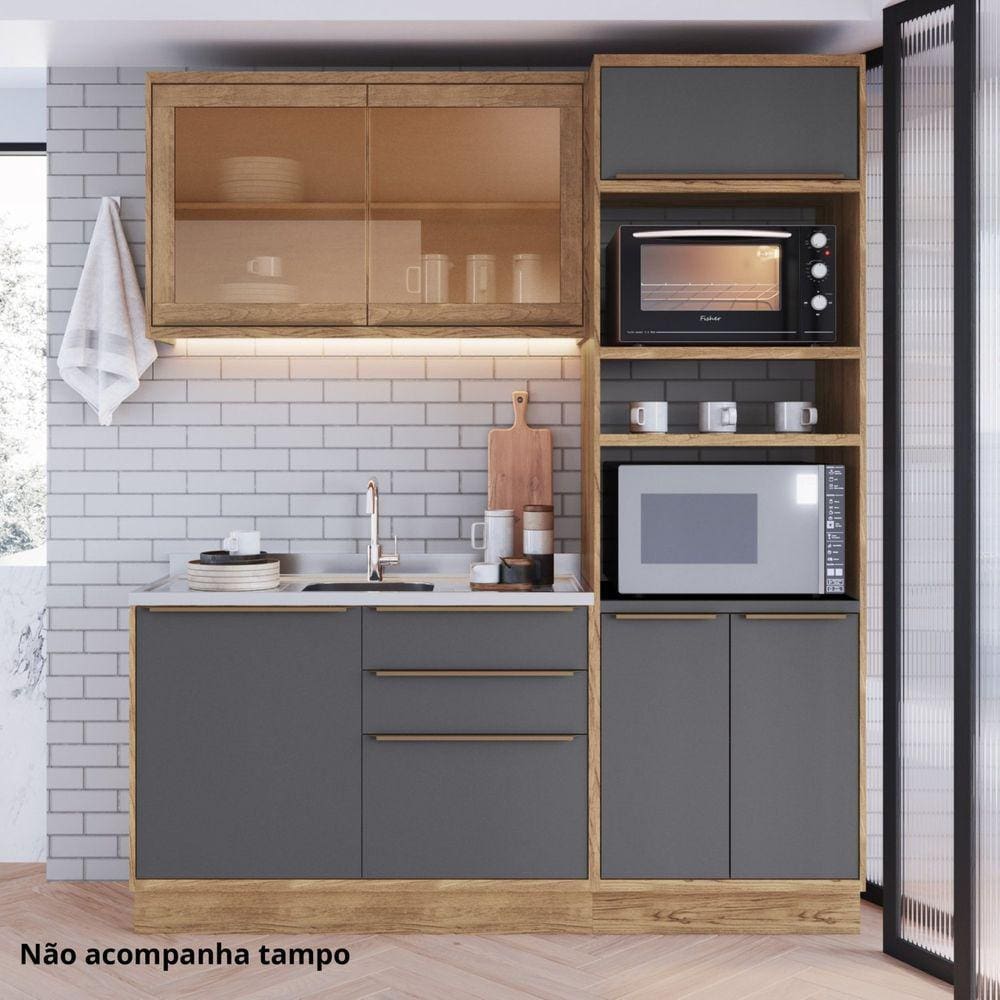 Cozinha Compacta com Vidro Reflecta 3 Peças 6 Portas Viena Freijó / Grafito