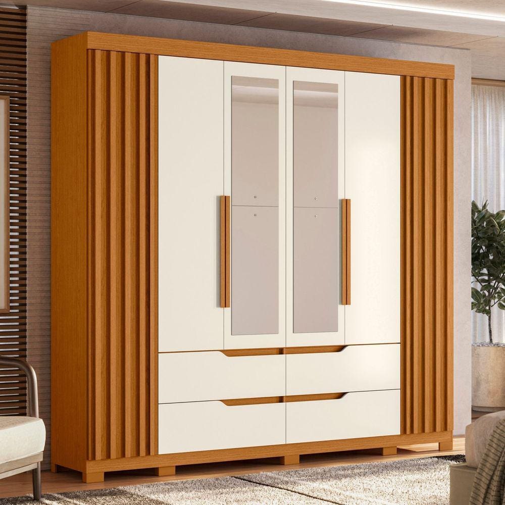 Guarda-roupa 06 Portas e 04 Gavetas com Espelhos Doble Casal Cinamomo / Off White