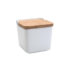 Saleiro de Mesa de Cerâmica com Tampa de Bambu e Colher Bianco 10cm x 10,5cm x 10cm - Lyor