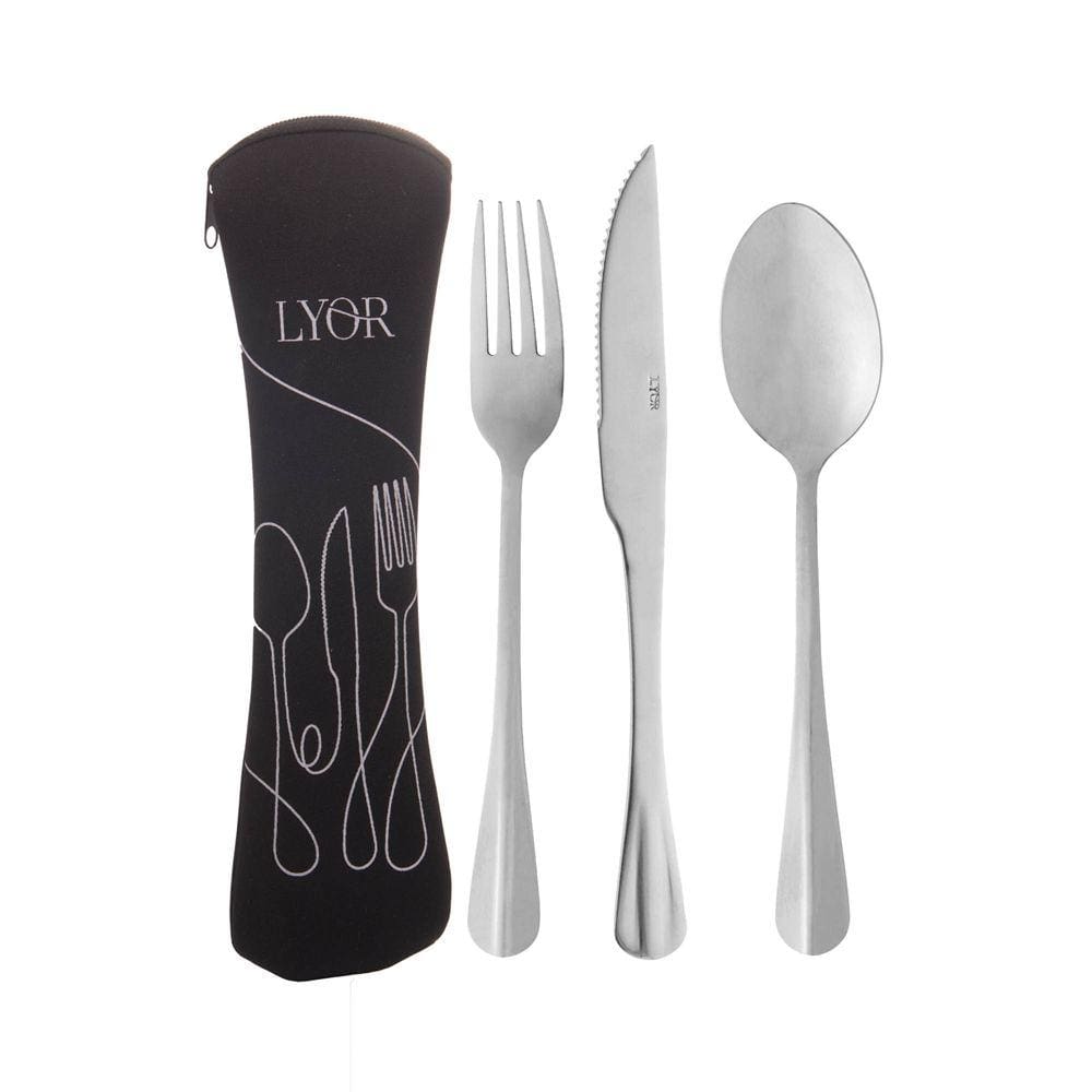 Conjunto 4 peças Estojo de Neoprene Preto com 3 Talheres Positano Aço Inox - Lyor