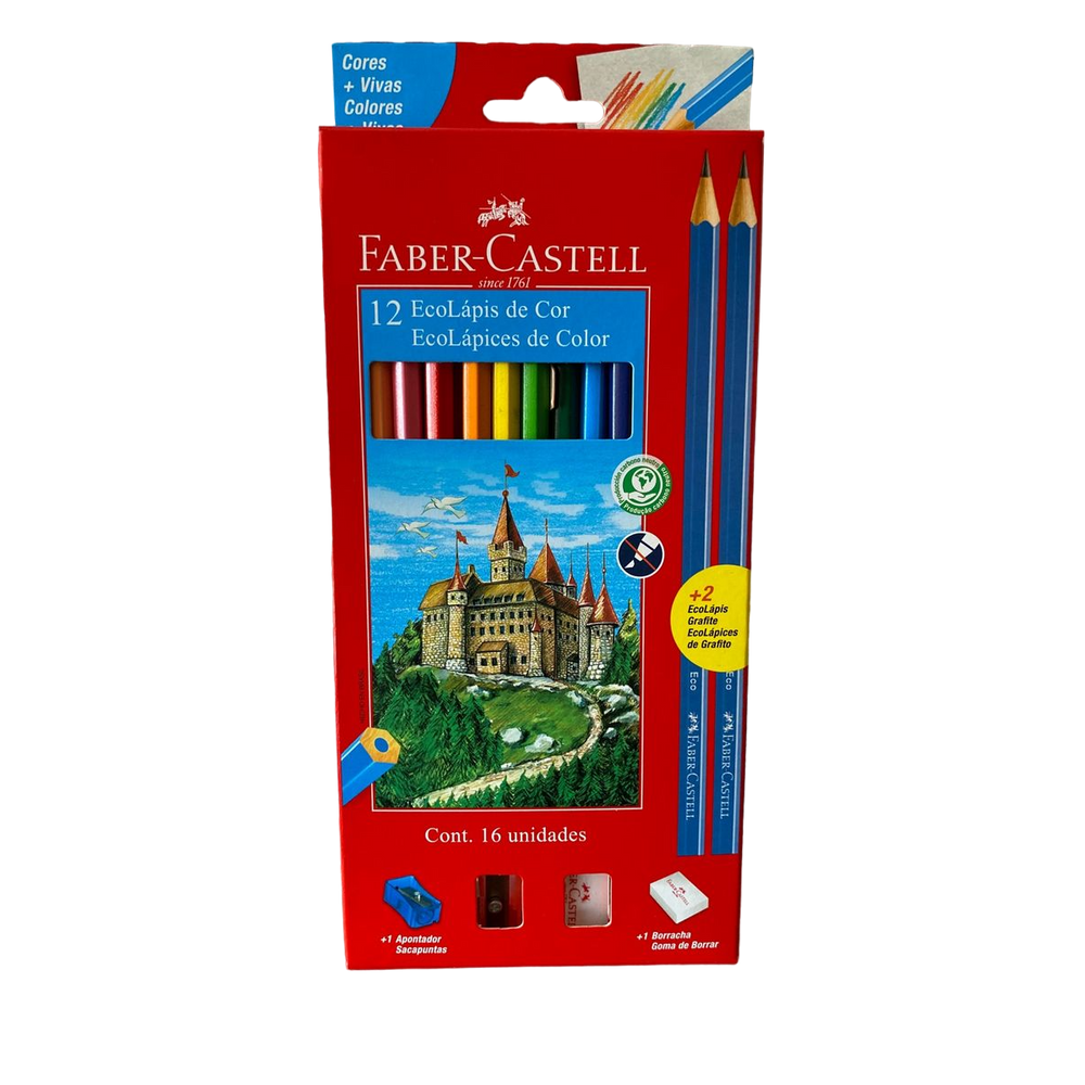 Lápis de Cor EcoLápis 12 Cores, Kit com Apontador, Borracha e 2 EcoLápis Grafite Faber-Castell