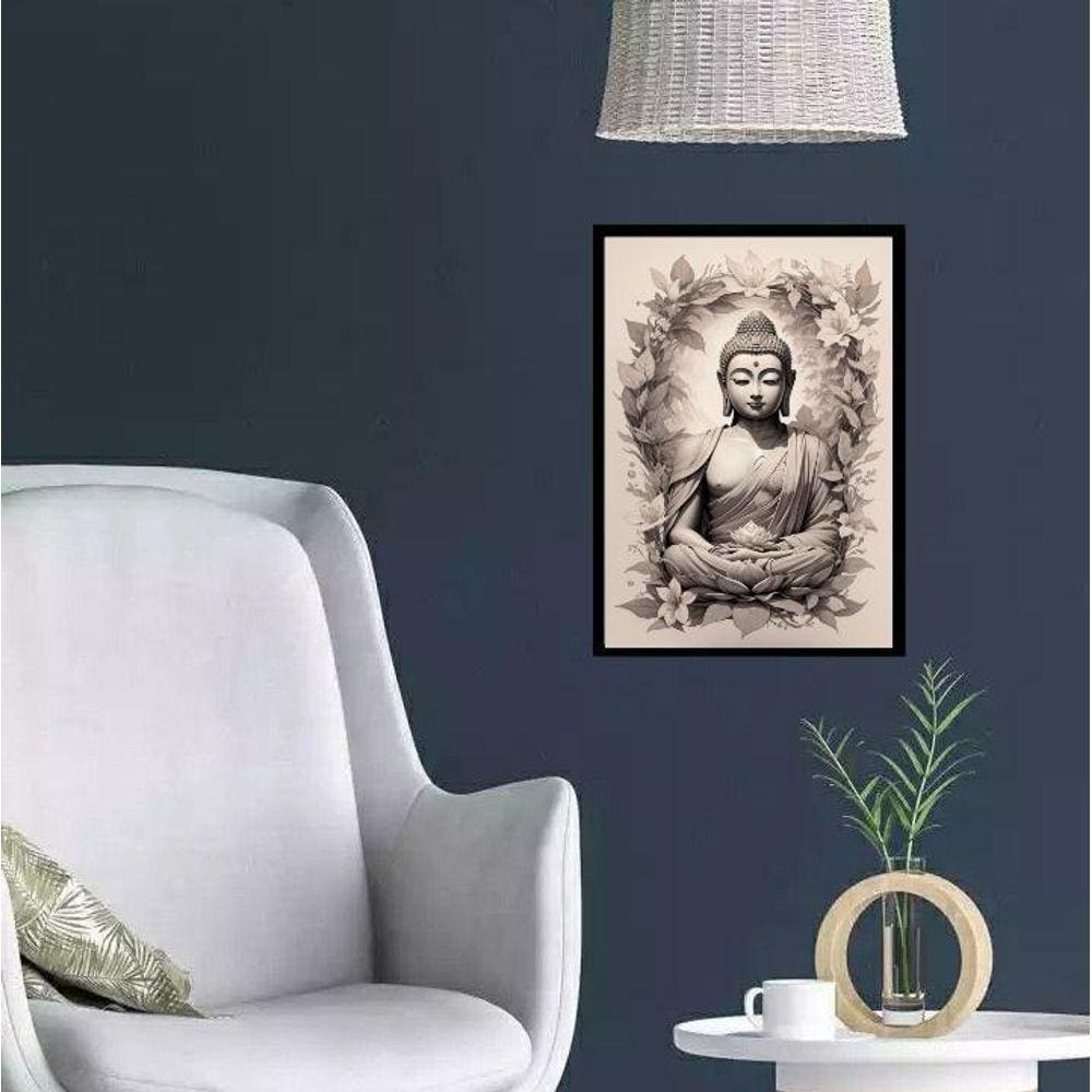Quadro Decorativo Buda Tons De Cinza 33X24Cm - Com Vidro