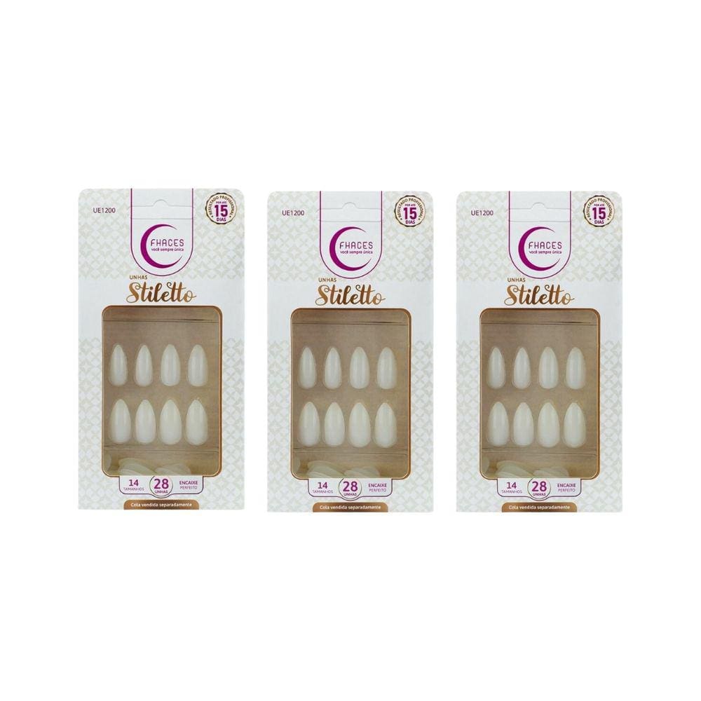 Unhas Postiças Fhaces Stiletto Natural Com 28un - Kit C/ 3un