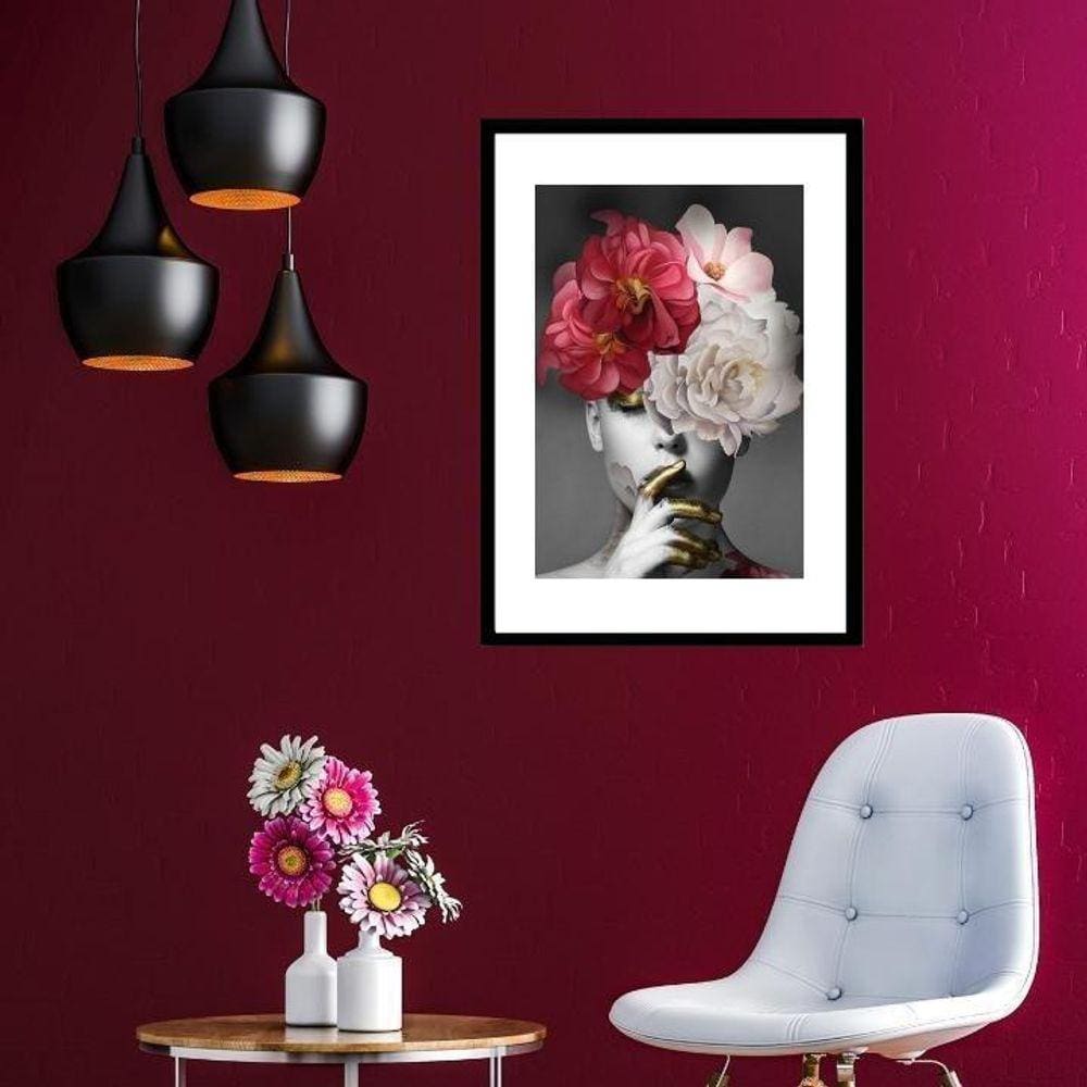 Quadro Moderno Mulher Cabeça Flores - 60X48Cm